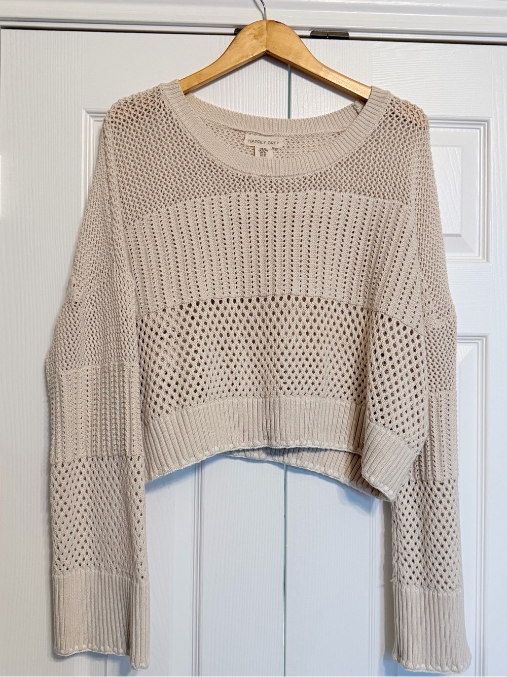 Happily Grey Open-Knit Scoop Neck Sweater in Beige